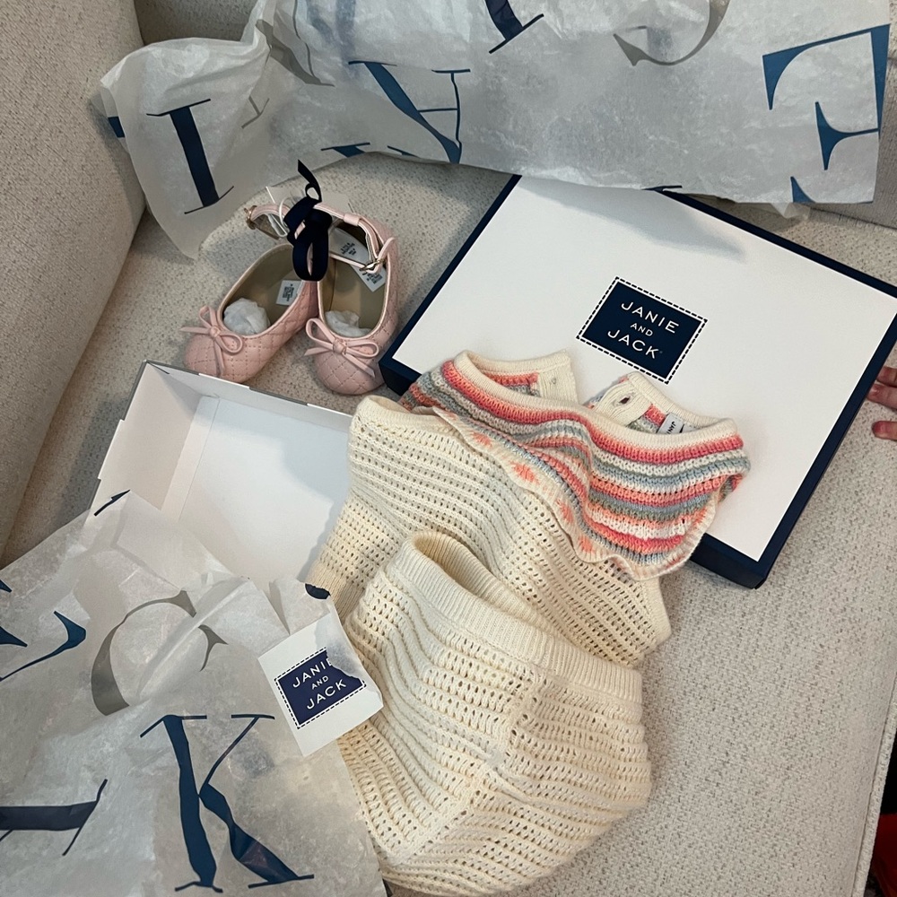 Janie and Jack Cream Knit Set with Pastel Stripes